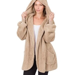 Zenana Outfitters Hooded Teddy Jacket Sherpa Fleece Coat Women Faux Fur 1X